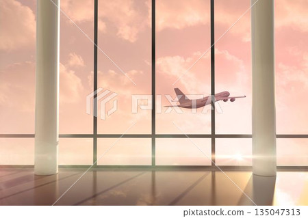 Airplane flying past window at sunrise Airplane flying past window at sunrise 135047313