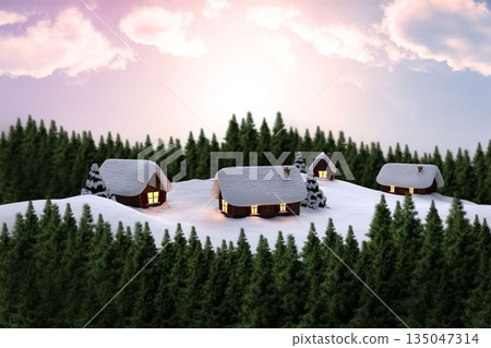 Snow covered village in forest 135047314