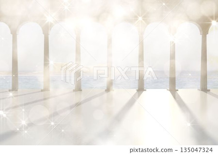 Twinkling lights over balcony with columns Twinkling lights over balcony with columns 135047324