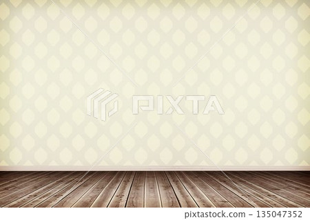 Flat design illustration is showing empty room with dark brown floor and cream geometric wallpaper Flat design illustration is showing empty room with dark brown floor and cream geometric wallpaper 135047352
