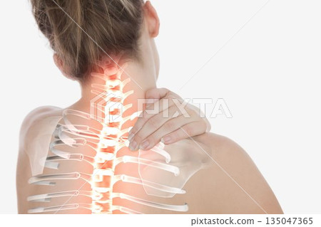 Highlighted spine of woman with neck pain Highlighted spine of woman with neck pain 135047365
