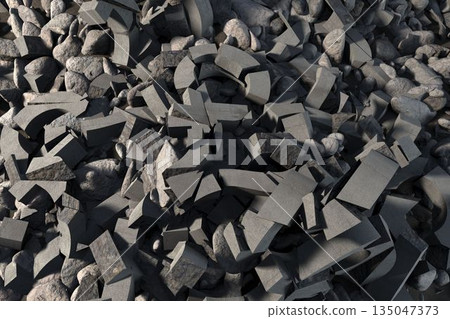 Heap of broken concrete chunks and rocks is being shown in flat design, featuring ring sections Heap of broken concrete chunks and rocks is being shown in flat design, featuring ring sections 135047373
