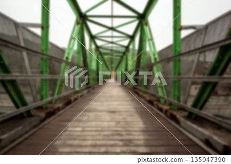 Pedestrian bridge walkway is being shown in flat design under green truss with orange coat figure 135047390