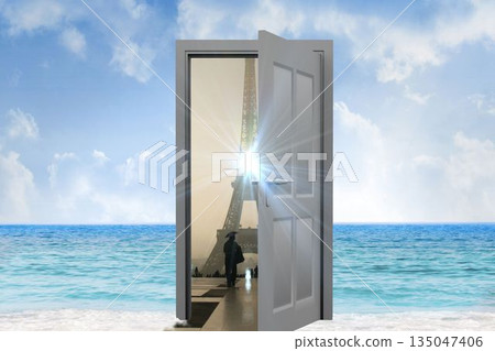 Digital composite of Eiffel Tower seen from open door Digital composite of Eiffel Tower seen from open door 135047406