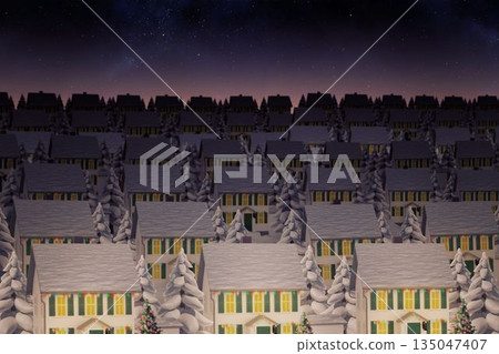 Flat design is showing snow-covered houses with green-shuttered windows under starry night sky Flat design is showing snow-covered houses with green-shuttered windows under starry night sky 135047407