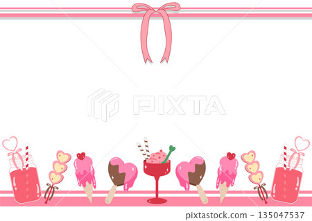 Cute Valentine Sweet Treats Border with Pink Ribbon and Heart-Shaped Ice Creams Cute Valentine Sweet Treats Border with Pink Ribbon and Heart-Shaped Ice Creams 135047537