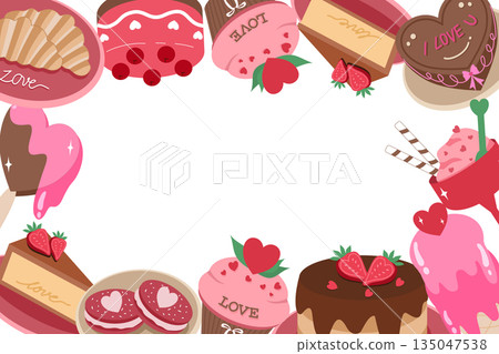 Sweet Valentine's Day Dessert Frame with Assorted Cakes, Cupcakes, and Pastries 135047538