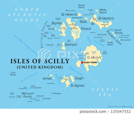 Isles of Scilly, United Kingdom, political map. Small archipelago off the southern tip of Cornwall, England, with Hugh Town as capital and largest settlement on St Marys, the largest island. Vector Isles of Scilly, United Kingdom, political map. Small archipelago off the southern tip of Cornwall, England, with Hugh Town as capital and largest settlement on St Marys, the largest island. Vector 135047552