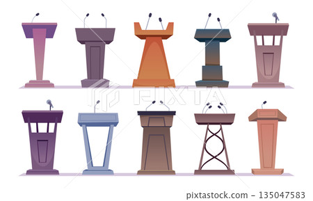 Podiums. Conference tribunes with set of microphone for present speakers exact vector cartoon templates Podiums. Conference tribunes with set of microphone for present speakers exact vector cartoon templates 135047583