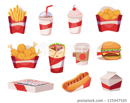 Fast food. Unhealthy snacks trash food chips meals cakes cold drinks exact vector set Fast food. Unhealthy snacks trash food chips meals cakes cold drinks exact vector set 135047585