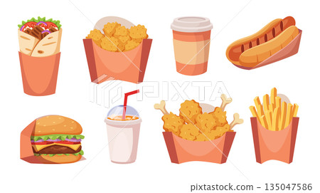 Fast food. Different trash products unhealthy fried potatoes coffee and cold drinks icecream and chips exact vector cartoon set Fast food. Different trash products unhealthy fried potatoes coffee and cold drinks icecream and chips exact vector cartoon set 135047586