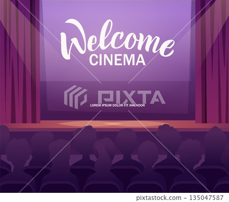 Welcome cinema. conceptual background with movie cinema canvas auditorium for watchers Welcome cinema. conceptual background with movie cinema canvas auditorium for watchers 135047587