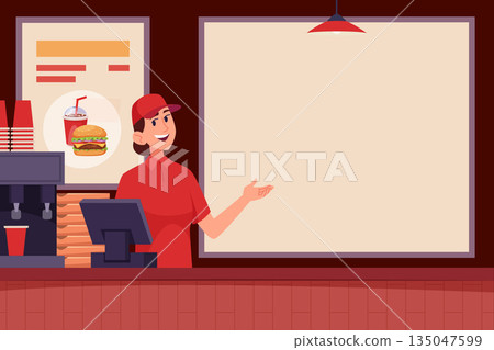 Fast food menu. happy cashier of fast food restaurant pointing wall menu. background with empty plays for text Fast food menu. happy cashier of fast food restaurant pointing wall menu. background with empty plays for text 135047599
