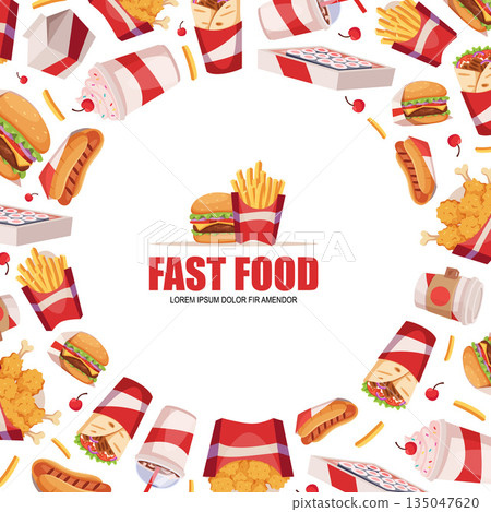 Fast food background. circle shape template with different junk food pictures burgers fried potatoes and cold drinks Fast food background. circle shape template with different junk food pictures burgers fried potatoes and cold drinks 135047620