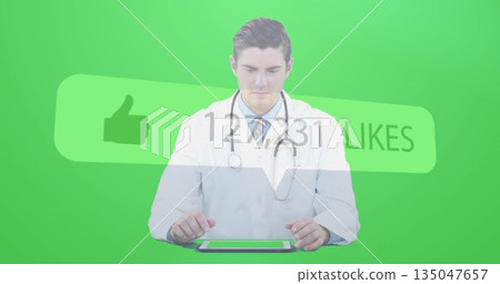 Lab-coat doctor scrolling tablet in green screen studio, with stethoscope and 12,231 LIKES graphic 135047657