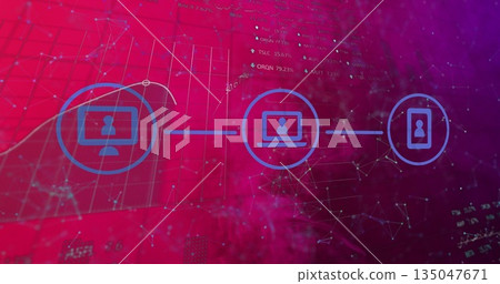 Displaying desktop laptop smartphone icons connecting on virtual gradient grid, data network 135047671