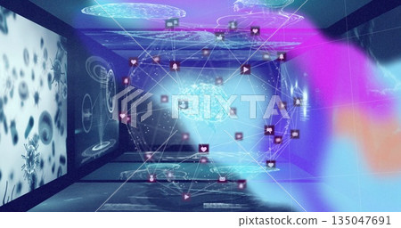 Projecting holographic brain spinning in wireframe cube in lab, with icons and virus DNA diagrams 135047691