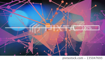 Displaying white progress bar reaching 100% over network nodes, lines and meshes, copy space Displaying white progress bar reaching 100% over network nodes, lines and meshes, copy space 135047693