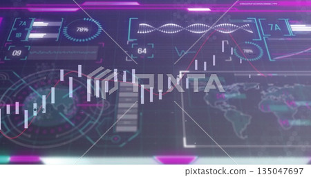Projecting holographic candlestick chart overlaying screen in analysis room, with red trend line Projecting holographic candlestick chart overlaying screen in analysis room, with red trend line 135047697