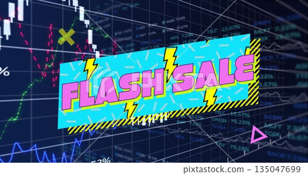 Showing blue FLASH SALE banner on dashboard, featuring candlestick charts and stock ticker symbols 135047699