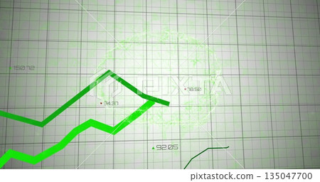 Displaying bright green zigzag line graph traversing dashboard, with numeric labels and arrow icons Displaying bright green zigzag line graph traversing dashboard, with numeric labels and arrow icons 135047700