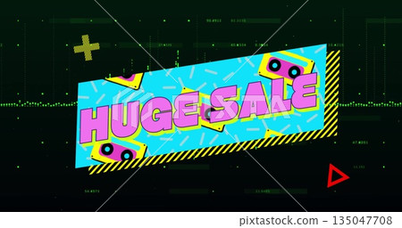 Displaying tilted blue sale banner over data grid with cassette icons and pink HUGE SALE text 135047708