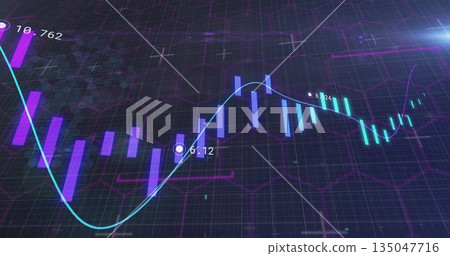 Displaying financial chart on futuristic dashboard with bars line labels and crosshairs on hex grid 135047716