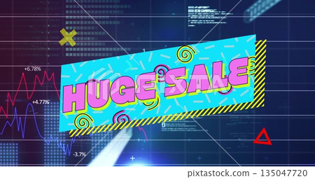 Displaying slanted turquoise banner showing bold pink HUGE SALE text in interface, with line charts Displaying slanted turquoise banner showing bold pink HUGE SALE text in interface, with line charts 135047720