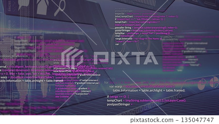 Displaying programming code and UI icons floating across virtual workspace, with glowing grid floor Displaying programming code and UI icons floating across virtual workspace, with glowing grid floor 135047747