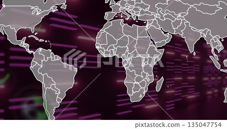 Displaying world map outlines over digital interface, showing moving magenta and violet streaks Displaying world map outlines over digital interface, showing moving magenta and violet streaks 135047754