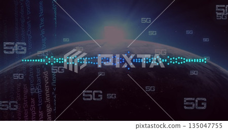 Curved Earth horizon shining with sunrise glow in outer space, with waveform, code and 5G labels 135047755