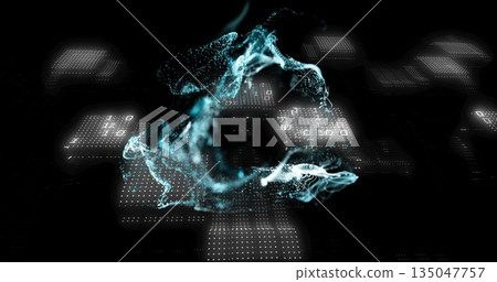 Swirling holographic particle wave hovering above dark digital void, with illuminated grid panels 135047757