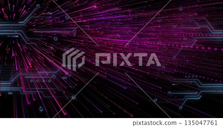 Streaming neon pink and purple beams across cyberspace, showing circuit overlays with glowing nodes Streaming neon pink and purple beams across cyberspace, showing circuit overlays with glowing nodes 135047761