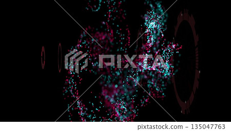 Swirling cluster of glowing magenta and teal particles in 3D void, with ring-like graphics 135047763
