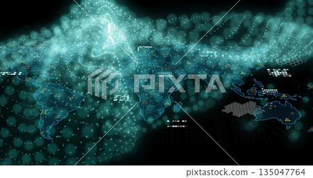 Displaying neon blue world map on dark grid interface, showing cyan nodes, luminous cloud, symbols 135047764