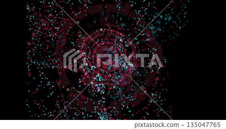 Rotating segmented ring vortex floating in digital space, with glowing magenta and teal particles 135047765