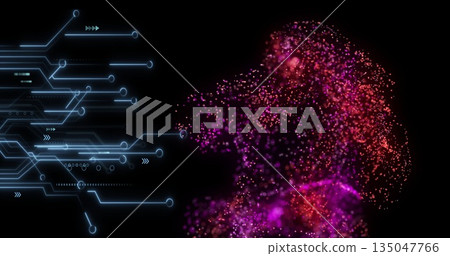 Glowing blue circuits merging with magenta particle silhouette in digital environment, copy space 135047766