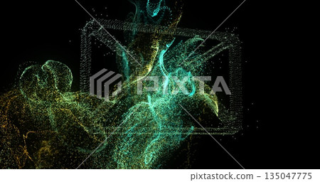 Swirling clusters of glowing particles forming rectangular frame in digital void, evoking portal 135047775