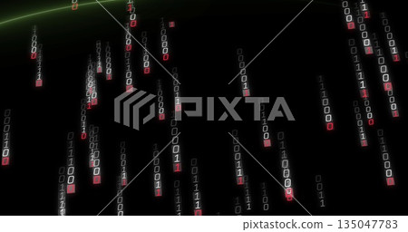 Displaying vertical streams of binary code flowing in data space, with faint green horizon line 135047783