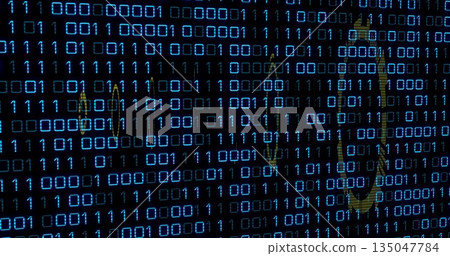 Displaying rows of bright blue binary digits floating across dark interface, with Ethereum logos 135047784