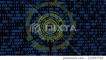 Gold circular interface rotating in data screen, with binary code and geometric interface elements 135047785
