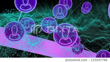 Translucent purple sphere with user silhouette floating in 3D network, with magenta ribbon plane Translucent purple sphere with user silhouette floating in 3D network, with magenta ribbon plane 135047786