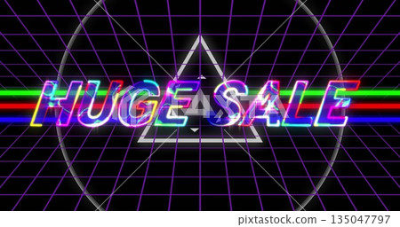 Glitching neon 'HUGE SALE' text flashing over retro purple grid, with triangle and rings 135047797