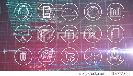 Displaying stylized business technology icons over red grid, with code and data chart overlays 135047803