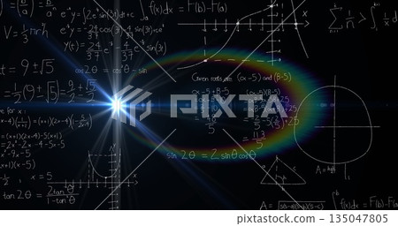 Bright light burst emitting rainbow lens flare on chalkboard surface, with integrals and graphs 135047805