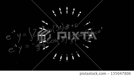 Displaying white chalk equations and glowing ticks forming circular pattern on solid black backdrop 135047806