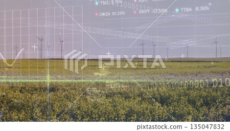 Displaying yellow flowering crop field covering farmland, with wind turbines and digital overlay Displaying yellow flowering crop field covering farmland, with wind turbines and digital overlay 135047832