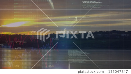 Digital financial overlay showing line charts, percentage labels and grid over lakeshore at dusk 135047847