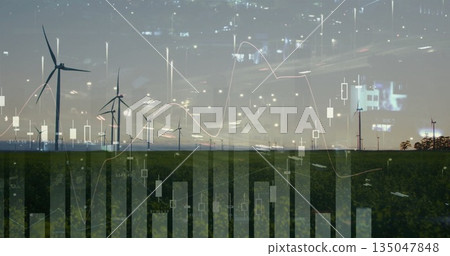 Showing wind turbines spinning over power lines at dusk, with candlestick, line  and  bar chart over 135047848