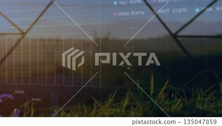 Displaying translucent financial data overlay over grassy meadow, with grid and percentage labels Displaying translucent financial data overlay over grassy meadow, with grid and percentage labels 135047859
